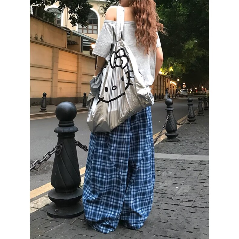 美式潮牌撞色多巴胺休闲格子弯刀裤情侣慵懒风宽松阔腿长裤，女装休闲裤，星座1210-1