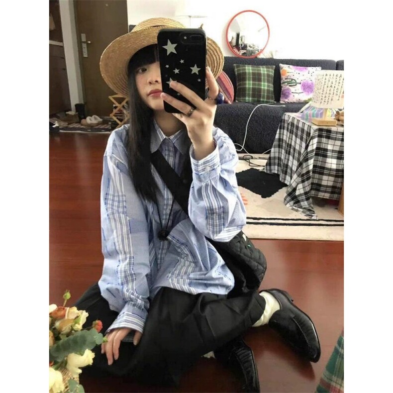 TC601-P45格纹衬衫2026新款女设计感翻领休闲穿搭薄款长袖衬衣,女装衬衫,星座617A-2
