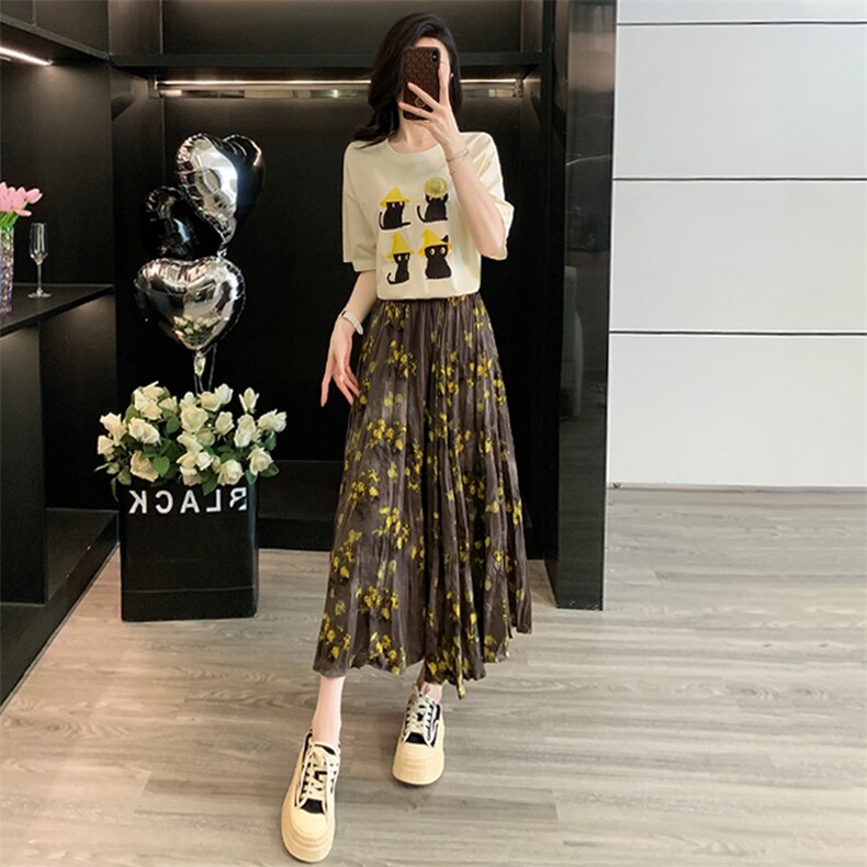潮流时尚套装女夏新款简约甜美圆领短袖上衣黄花色碎花长裙两件套,女装套装/套裙,江南