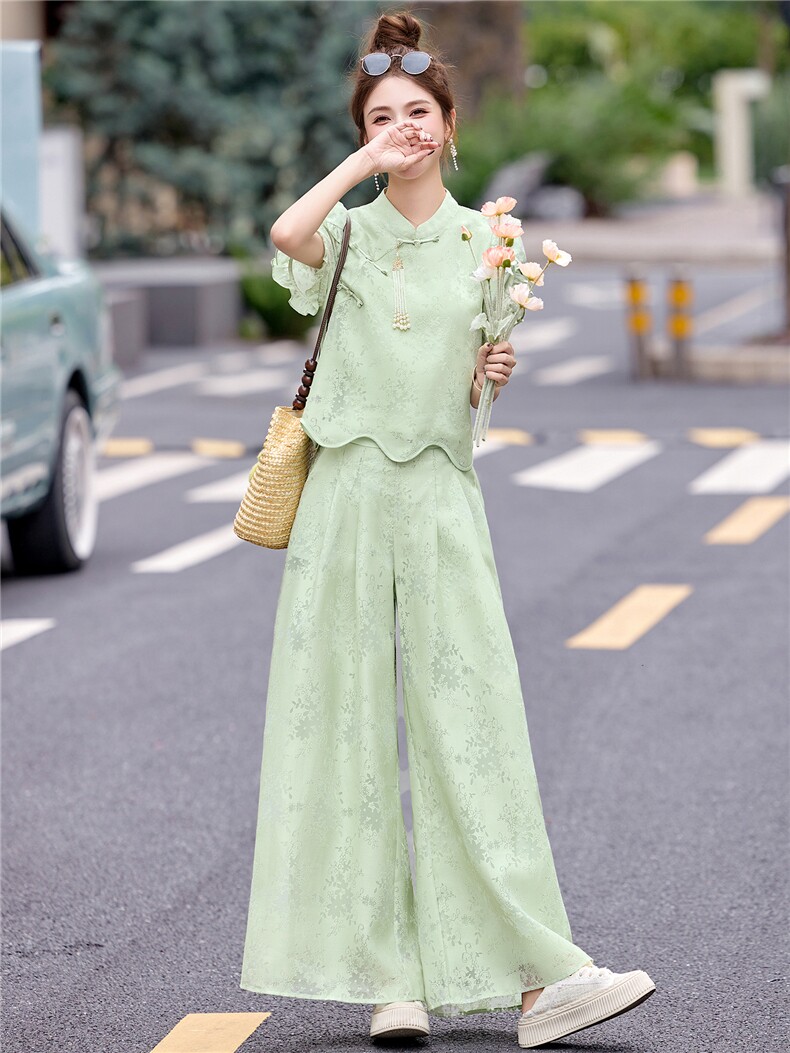 新中式名媛国风套装女2025夏季新款提花波浪边上衣阔腿裙裤两件套,女装套装/套裙,艾仟回(原伊仟回)