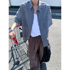 复古格子短袖衬衫男宽松高级感学院风情侣衬衣DC2228-特价P29，男装T恤，电商A007