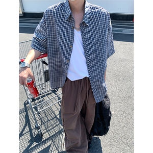 复古格子短袖衬衫男宽松高级感学院风情侣衬衣DC2228-特价P29图片