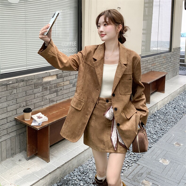 美拉德复古麂皮绒西装外套短裙套装两件套女2025早秋季美式休闲风,女装套装/套裙,2C299