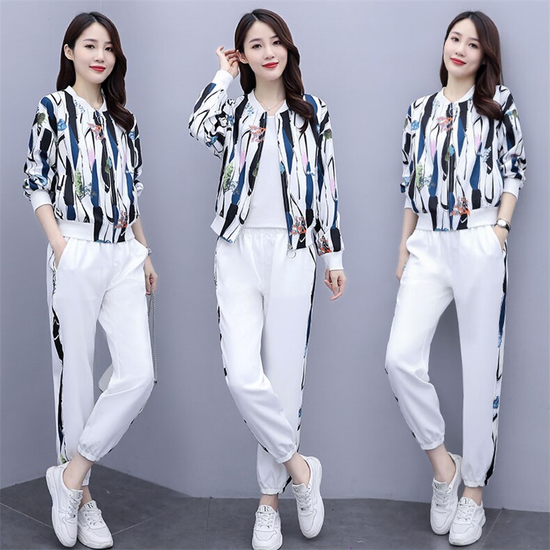 2021秋款时尚潮流休闲花色套装显瘦百搭长袖运动服两件套,女装套装/套裙,韩蜜菓