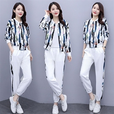 2021秋款时尚潮流休闲花色套装显瘦百搭长袖运动服两件套，女装套装/套裙，韩蜜菓