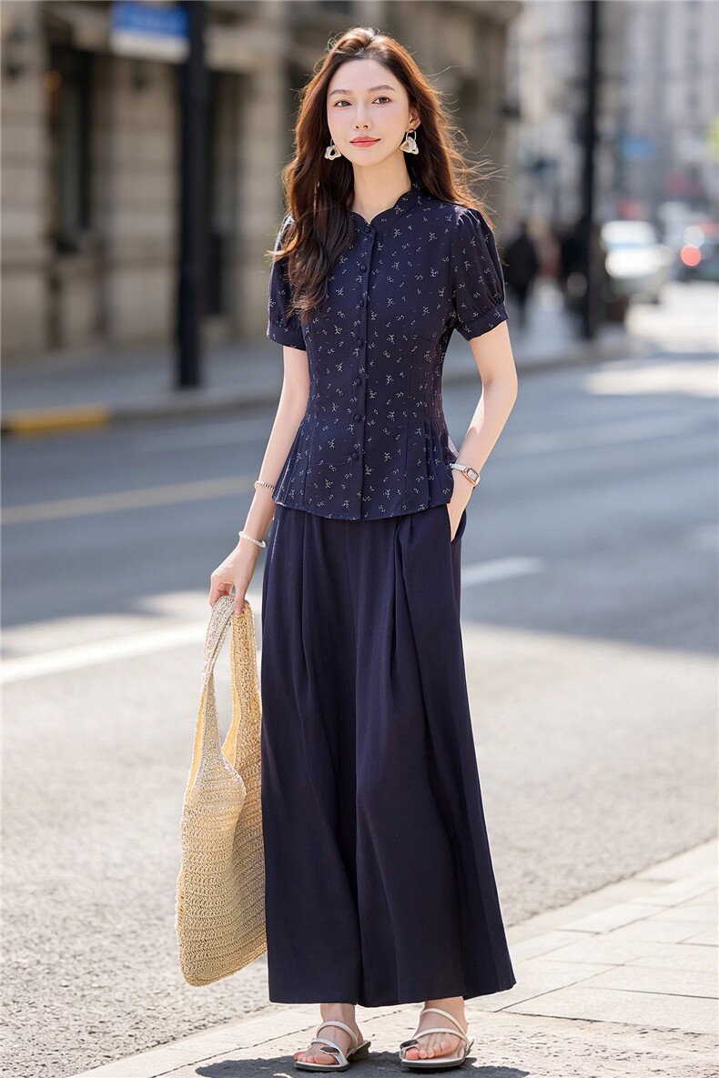 碎花小立领收腰小衫配阔腿裤时尚清新田园风两件套,女装套装/套裙,水衣源