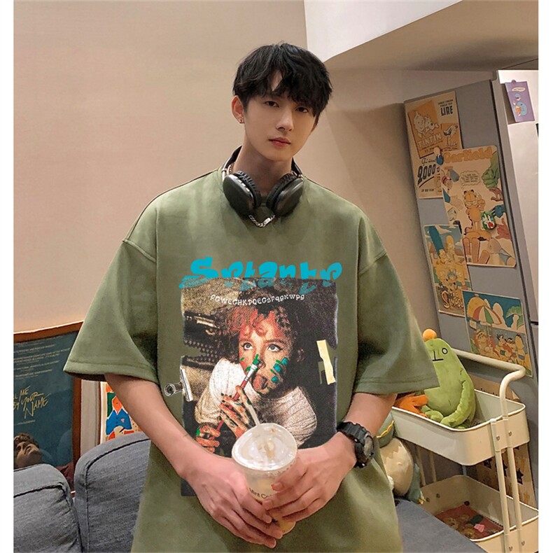 ！24夏季新款宽松大码港风人物涂鸦麂皮绒T恤TJ2365-特p19,男装T恤,星座508（原C305）