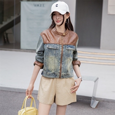 复古拼接牛仔外套女2025春秋新款韩版宽松小个子休闲短款夹克上衣，女装牛仔外套，美拉德工厂直营店