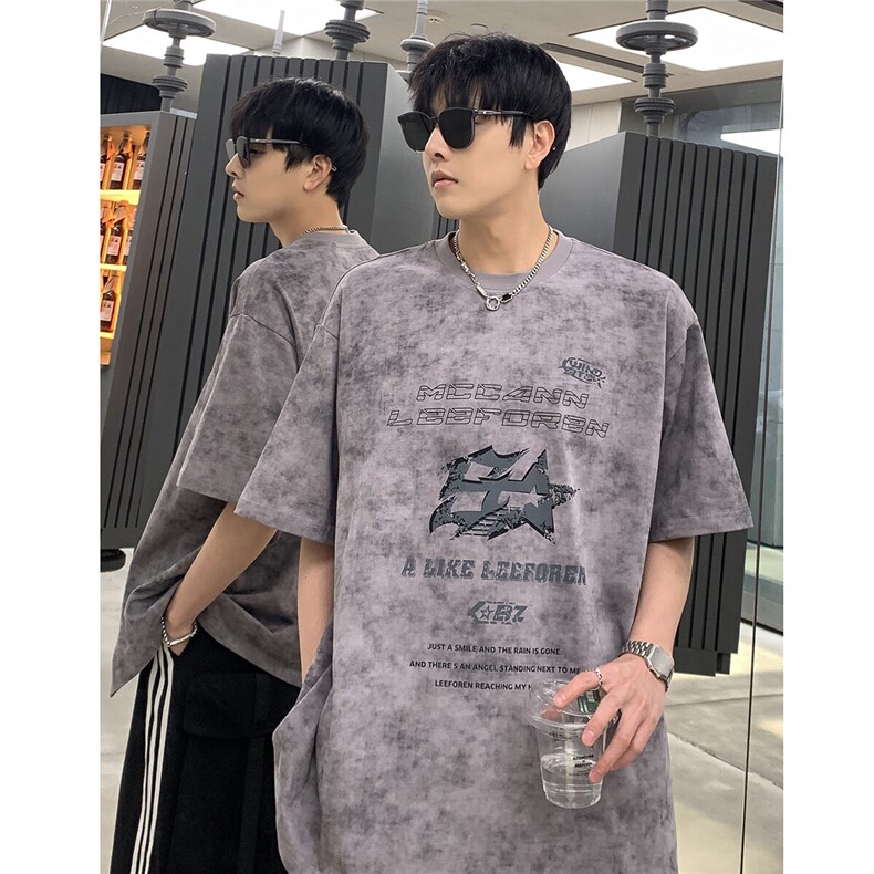 美式重磅蜡染短袖T恤男夏季2025新款圆领宽松T恤半袖T709-P28，男装T恤，电商C307A