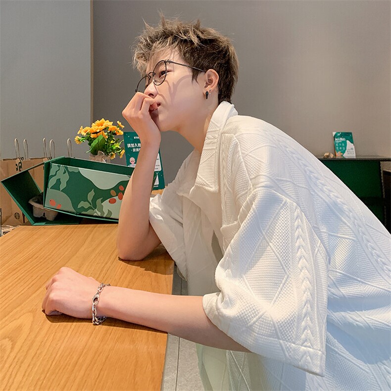 2026夏装翻领短袖衬衫大码男纹理提花衬衣菱形格 CS220/P35 白色图片