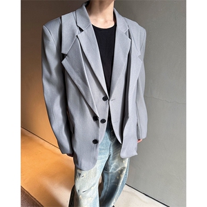 潮流休闲西装外套高级痞帅宽松韩版自带垫肩双层假两件西装P95,灯笼牛仔长裤如何搭配图片图片