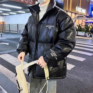 新款立领pu皮印花棉衣男秋冬季加厚面包服外套保暖棉服MY613-P115图片