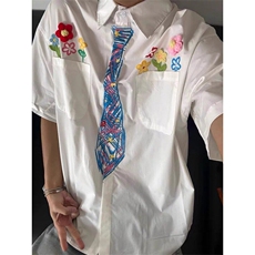 学院风涂鸦花朵领带短袖衬衫ZC0128-特批32，男装衬衫，星座313A(原308A-2)