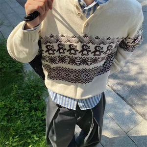 重磅秋冬装北极绒套头毛衣美式复古休闲慵懒风提花工艺针织衫外套