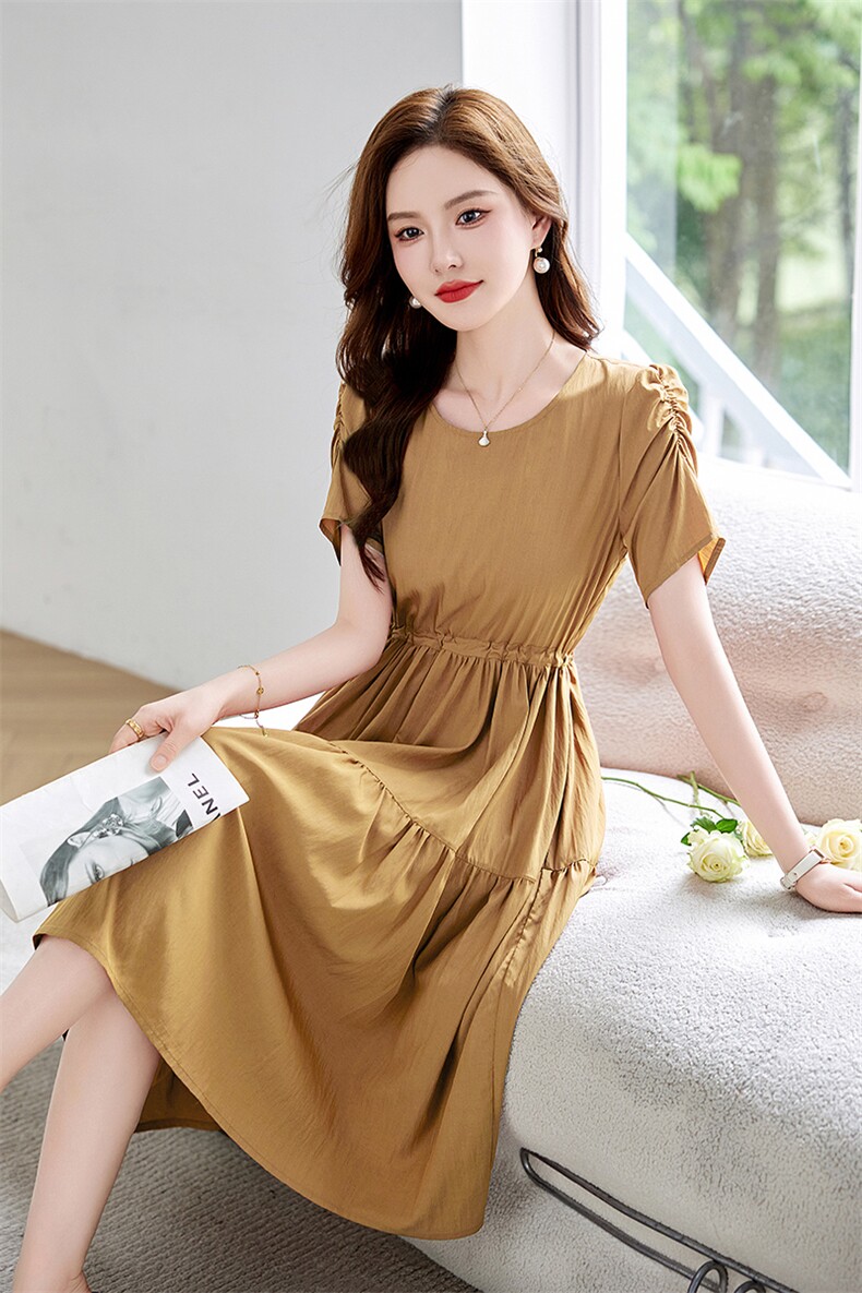 法式泡泡袖修身连衣裙女夏2025新款小个子收腰显瘦气质遮肚a字裙,女装连衣裙,姿衣坊