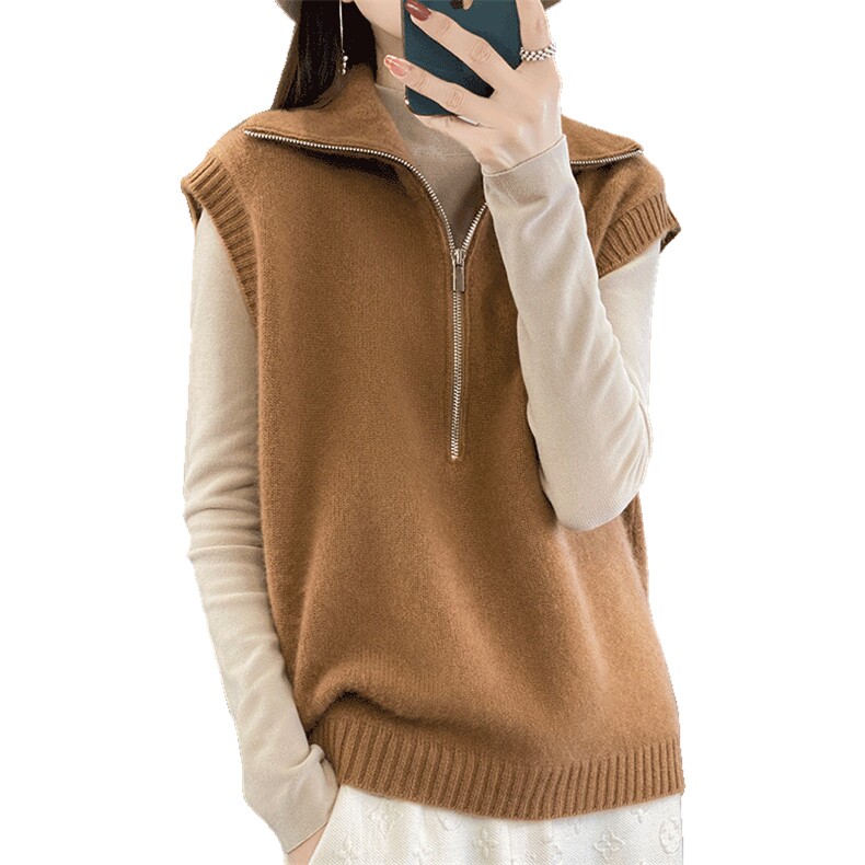 复古纯羊毛马甲无袖针织衫马甲上衣女秋冬半拉链叠穿套头背心外穿,女装马甲,暖烁羊绒