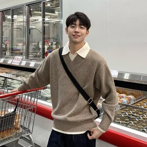 秋冬季韩系加厚假两件polo领针织衫宽松保暖休闲男女毛衣MY3207图片
