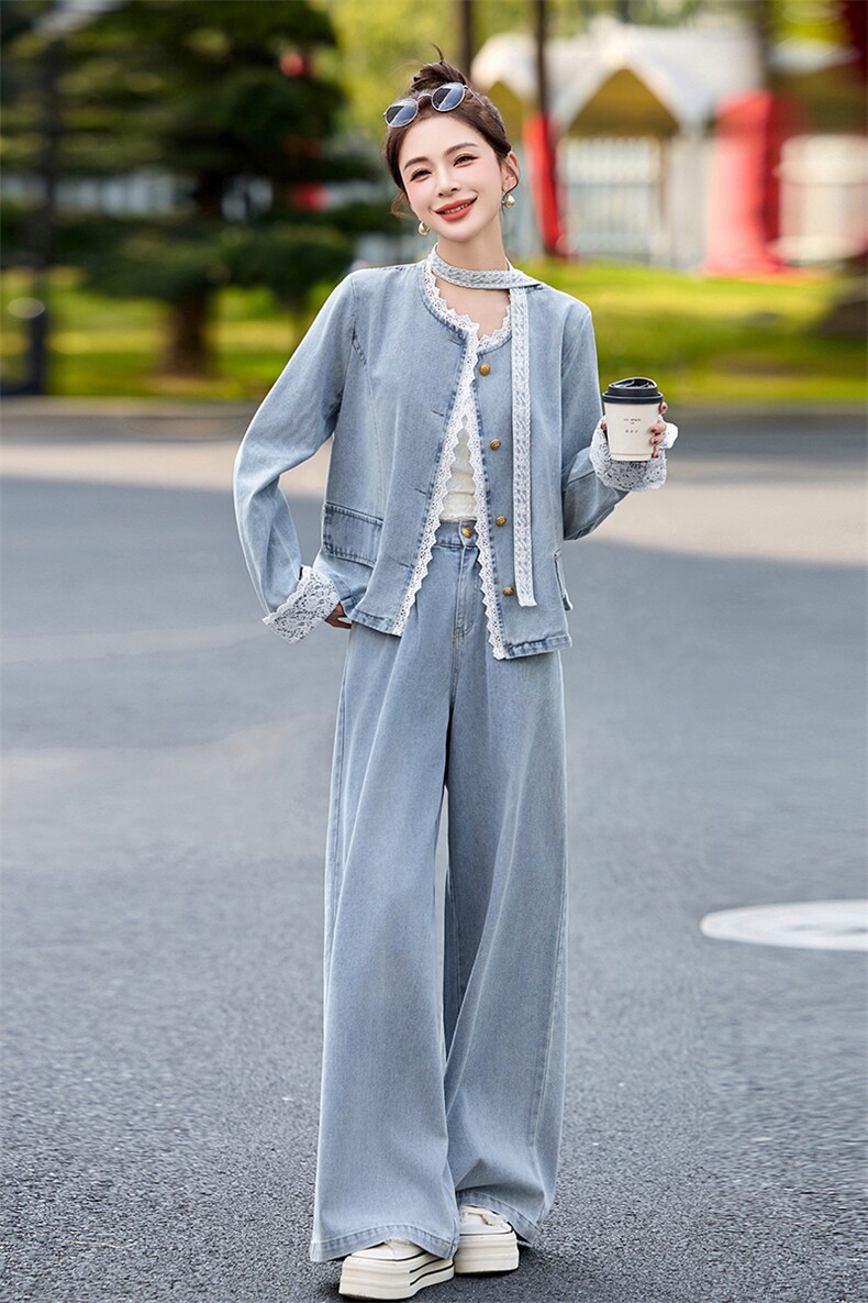 蕾丝拼接牛仔阔腿裤套装女春秋2025新款两件套独特绝美超火高级感,女装套装/套裙,2B115