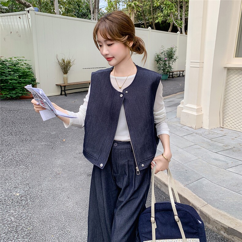 时尚复古设计感牛仔马甲套装女2025春夏新款韩版休闲阔腿裤两件套,女装套装/套裙,秋水欣儿