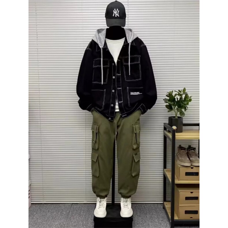 秋冬款男牛仔夹克衫连帽工装大口袋字母印花外套JK027P70,男装夹克,星座1013-1