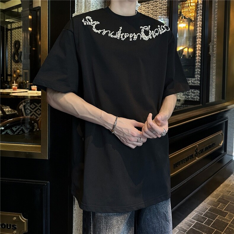 美式潮钉钻珍珠重磅夏季棉短袖T恤男夏季高街复古休闲体恤TX505,男装T恤,星座601-1