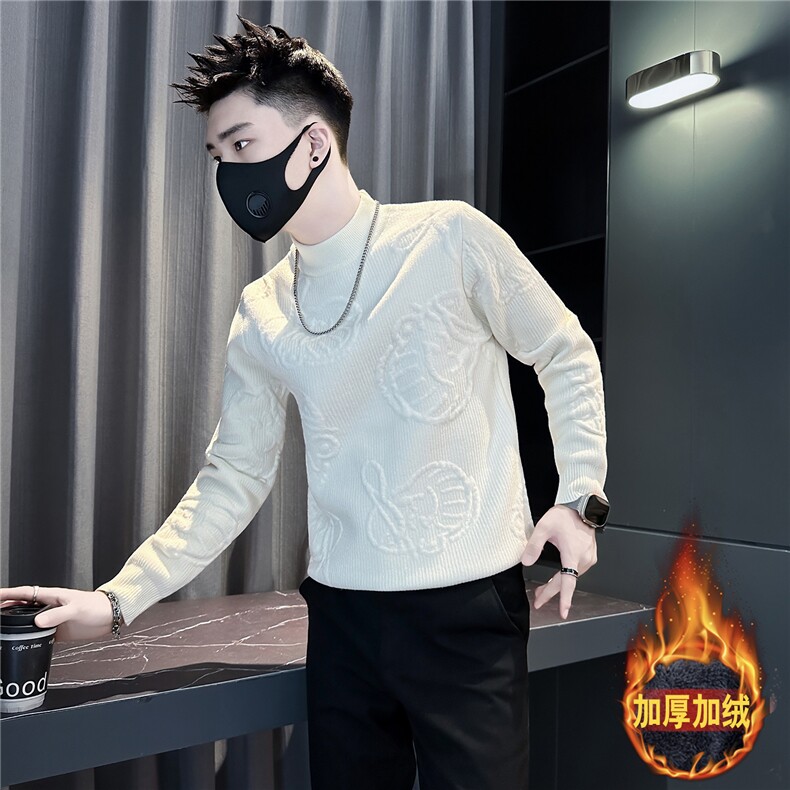 加绒提花半高领毛衣男社会小伙店主风301C-M100-P78控108图片