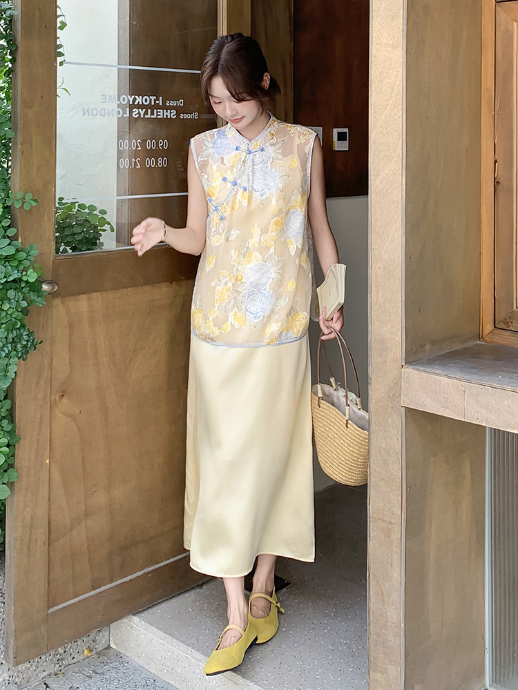 新中式国风穿搭黄色缎面吊带连衣裙叠穿改良旗袍无袖两件套装女夏,女装套装/套裙,浙宝192（原082）