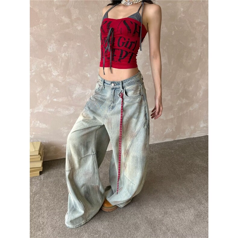 美式脏染水洗做旧直筒牛仔裤男女微喇vibe风复古宽松阔腿长裤网图,男装牛仔裤,星座302B-2