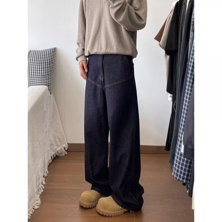 美式复古丹宁深蓝色阔腿牛仔裤男潮牌弯刀裤K7073P46,男装牛仔裤,星座1116-2