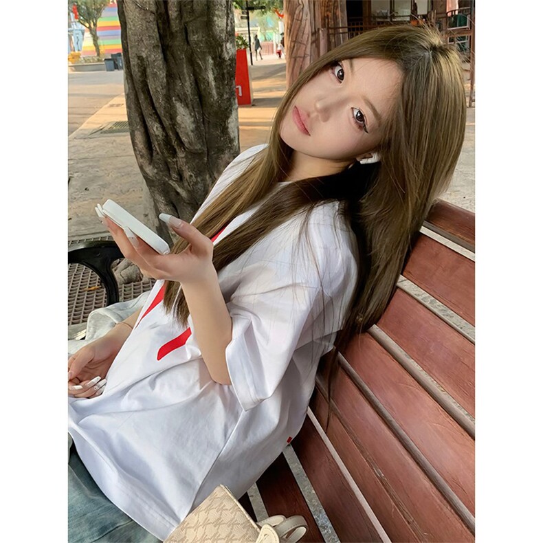 T0206-P25白色纯棉经典撞色T恤 美式男女款情侣短袖 宽松百搭上衣图片