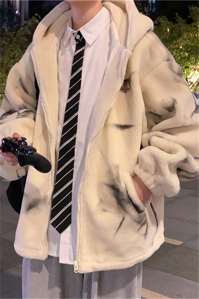 M-3XL大码宽松袄扎染羊羔毛外套男冬季加绒加厚连帽W2362-P80,男装棉衣,星座512-3