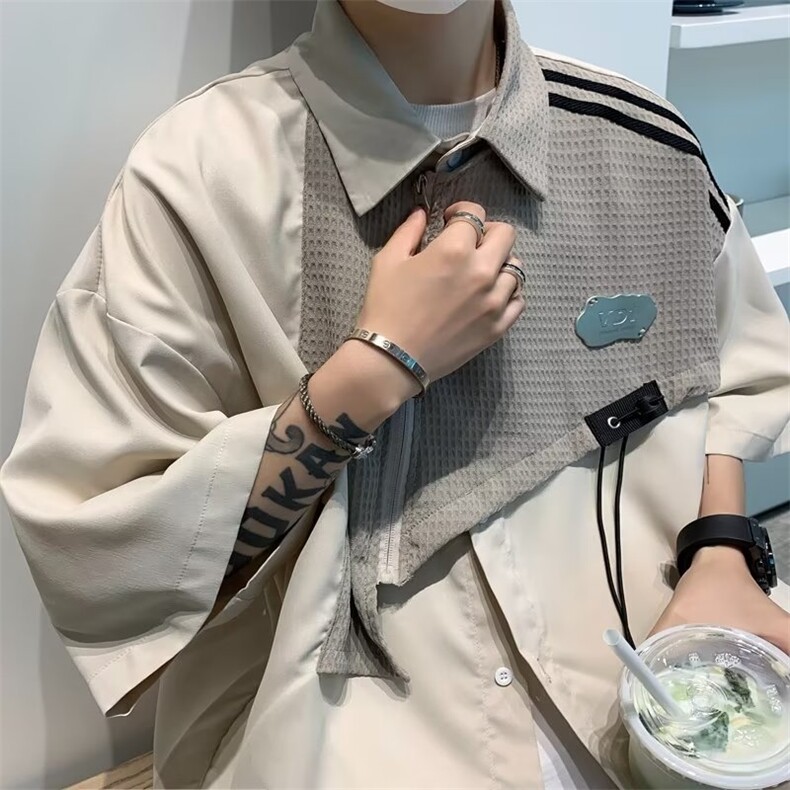 工装华夫格拼接短袖衬衫夏宽松设计感小众衬衫P40,男装衬衫,星座1116-2
