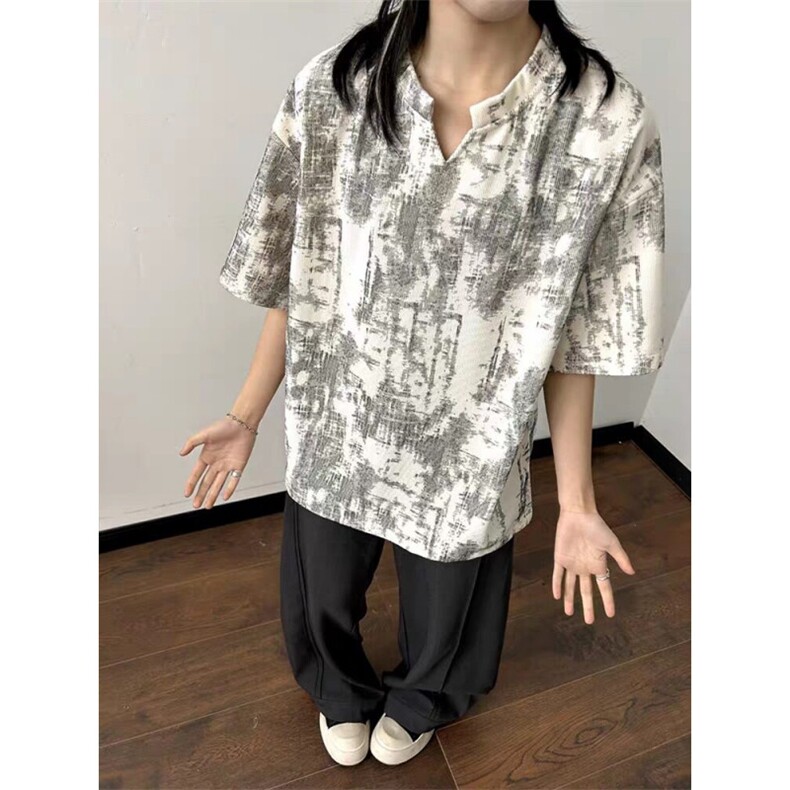 夏季美式不规则扎染v领上衣潮牌轻奢时尚百搭短袖t恤男士HTX64图片