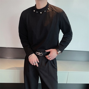 春夏高级感网红垫肩长袖T恤男小众金属扣设计纯色打底衫TX1211P50图片