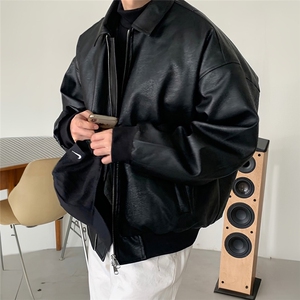 皮衣外套男春秋款加厚复古夹克韩版潮牌痞帅翻领宽松机车服 PW638图片