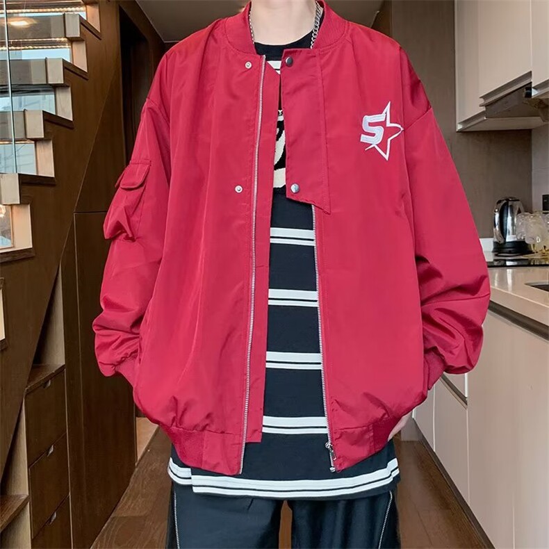 美式机车风冲锋衣夹克女秋季宽松嘻哈百搭情侣装薄款外套J696,男装夹克,星座1116A-1（原606A）