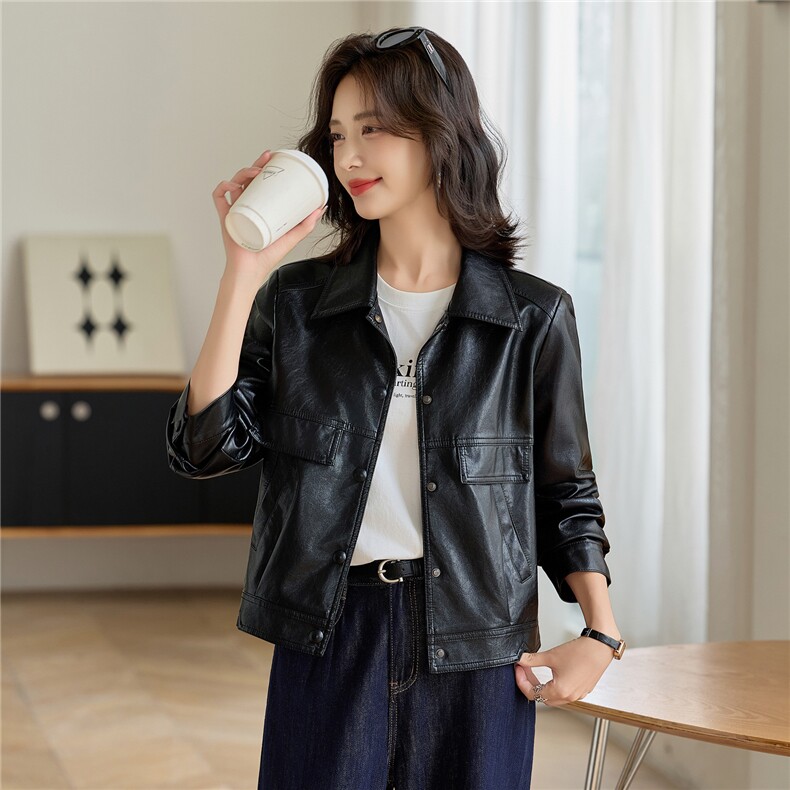高级感军绿色翻领短款皮衣女2025秋季新款修身百搭时尚皮夹克外套,女装皮衣,魅衣本色
