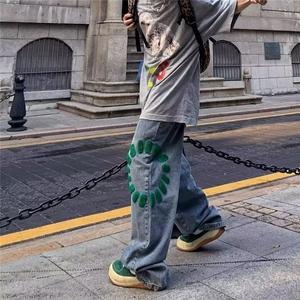 美式复古做旧水洗牛仔裤男士炸街潮牌ins嘻哈小众直筒百搭阔腿裤图片