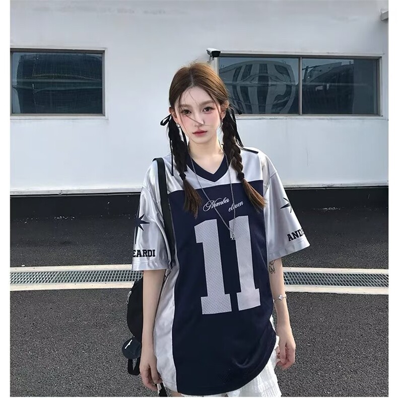 美式高街t恤男女夏季银色网纱拼接字母球衣缎面V领上衣潮STX400图片