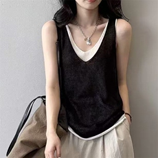 新款v领无袖吊带时尚百搭修身型，女装T恤，锦弘羊绒