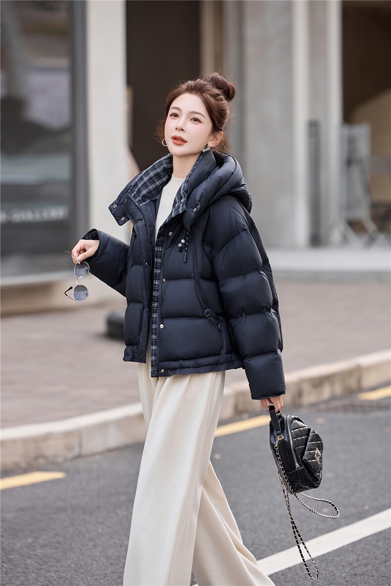 连帽格子撞色超保暖羽绒服,女装羽绒服,衣佳和