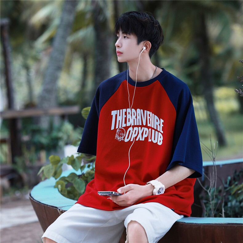 撞色拼接少年感t恤男夏季日系cityboy短袖潮牌潮流重磅七分袖衣服,男装T恤,电商A148
