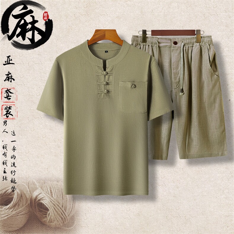 长期货主推夏装男士风亚麻短袖套装中老年爸爸装亚麻盘扣套装,男装休闲套装,钱塘723