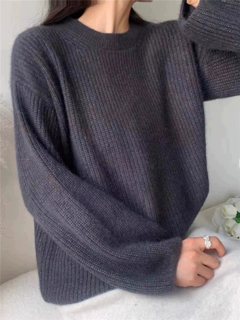 洋气百搭宽松泡泡袖页面上女秋冬圆领慵懒毛衣针织衫,女装羊毛衫,思途羊绒