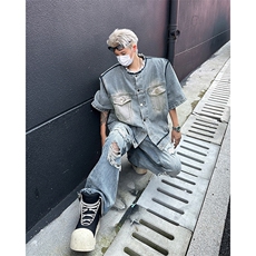 韩系小众短袖牛仔衬衫男宽松休闲潮牌衬衣外套C08943-P60，男装衬衫，星座308B-2