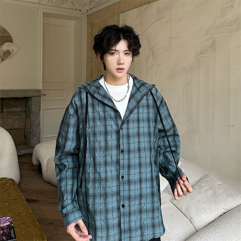 户外轻薄防晒格子连帽外套夏季新款宽松情侣长袖衬衣VW1289P40，男装防晒衣，星座1013-1