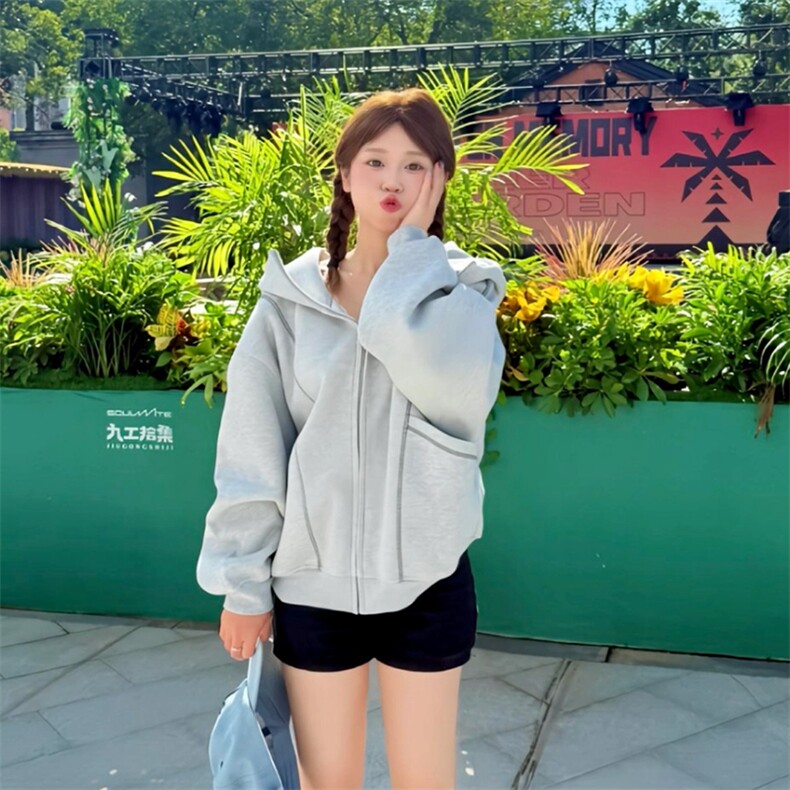 抖音得物高品质秋冬美式高街重磅结构辑明线纹理连帽卫衣外套W111,男装卫衣,电商A486
