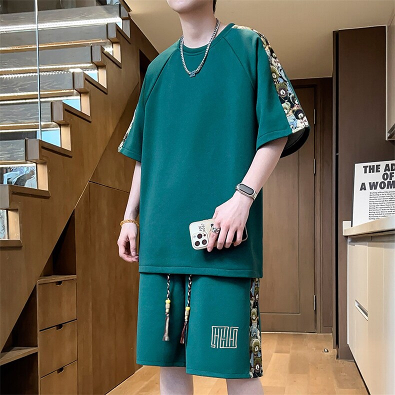 刺绣拼接休闲运动套装男夏季T恤一套短裤两件套A266-TZ9907-P47图片