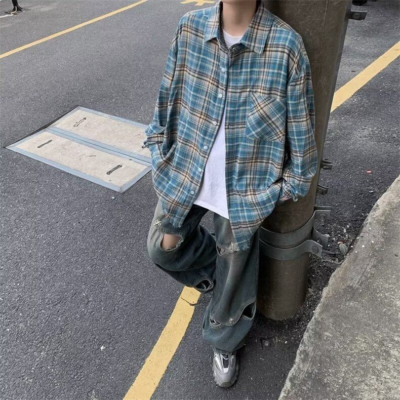 2025美式复古格纹衬衫春季宽松格子衬衣高级感潮牌外套CY571-P36,男装衬衫,星座412-2
