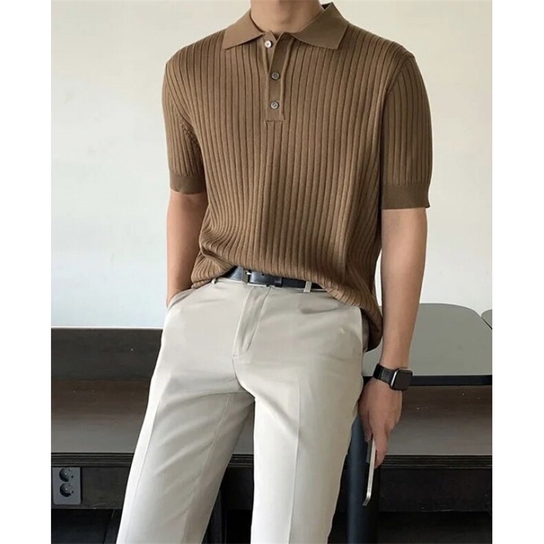 韩系条纹翻领针织冰丝短袖体恤半截袖POLO衫PL92/P48，男装Polo衫，电商A243